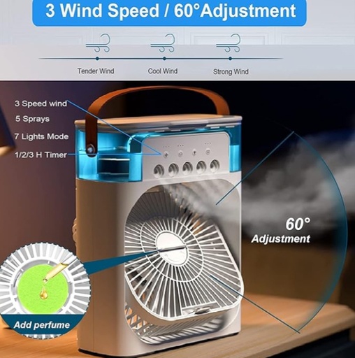 Portable Mini Air Cooler for Home | USB Powered 3 Speed Mode with Mist Spray, LED Light Personal Cooler Desk Fan